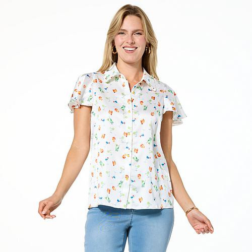 G by Giuliana Woven Flounce-Sleeve Novelty Button-Up Blouse - White - Size 3X | HSN