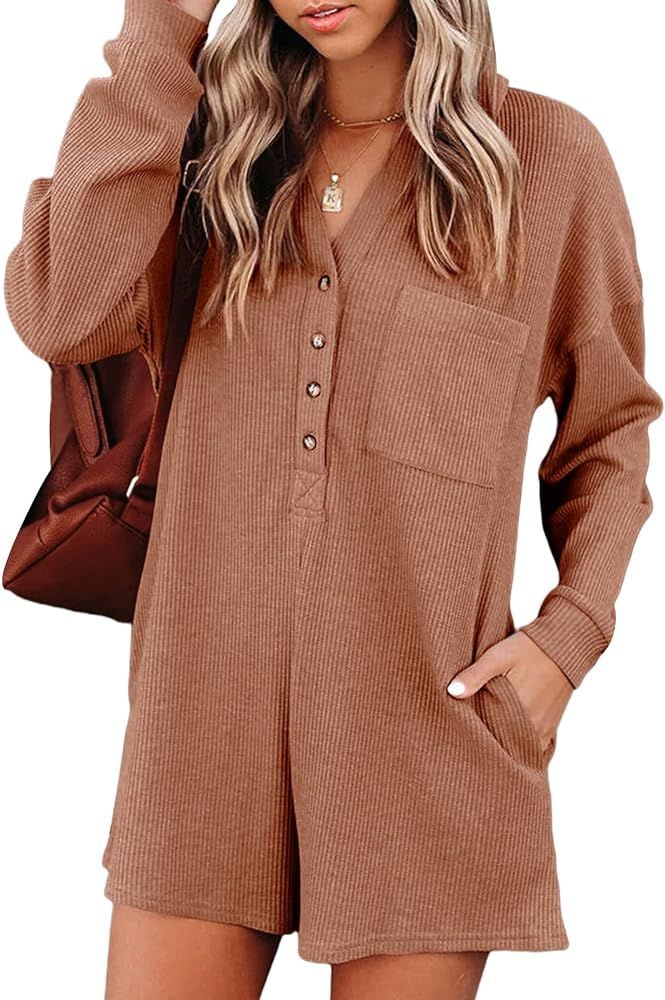 Women's V Neck Button Down Romper Casual Waffle Knit Long Sleeve Playsuit Short One Piece Jumpsuit O | Amazon (US)
