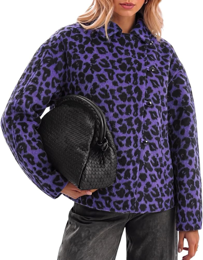 Cicy Bell Women Crop Leopard Faux Wool Jacket Button Down Collared Pea Coat | Amazon (US)