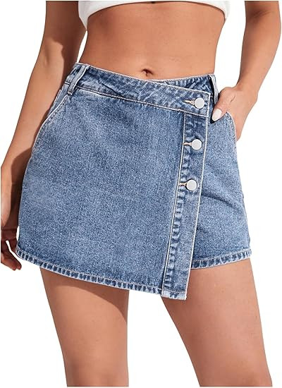 WDIRARA Women's High Waisted Button Front Denim Skort Asymmetrical Hem Skirt Shorts Blue Solid Me... | Amazon (US)