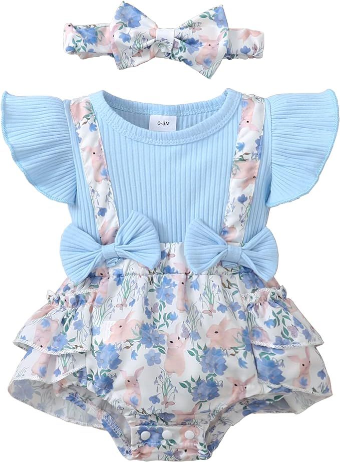 Newborn Baby Girl Easter Outfits Bunny Romper Ruffle Sleeve Ribbed Floral Suspender Bodysuit + He... | Amazon (US)