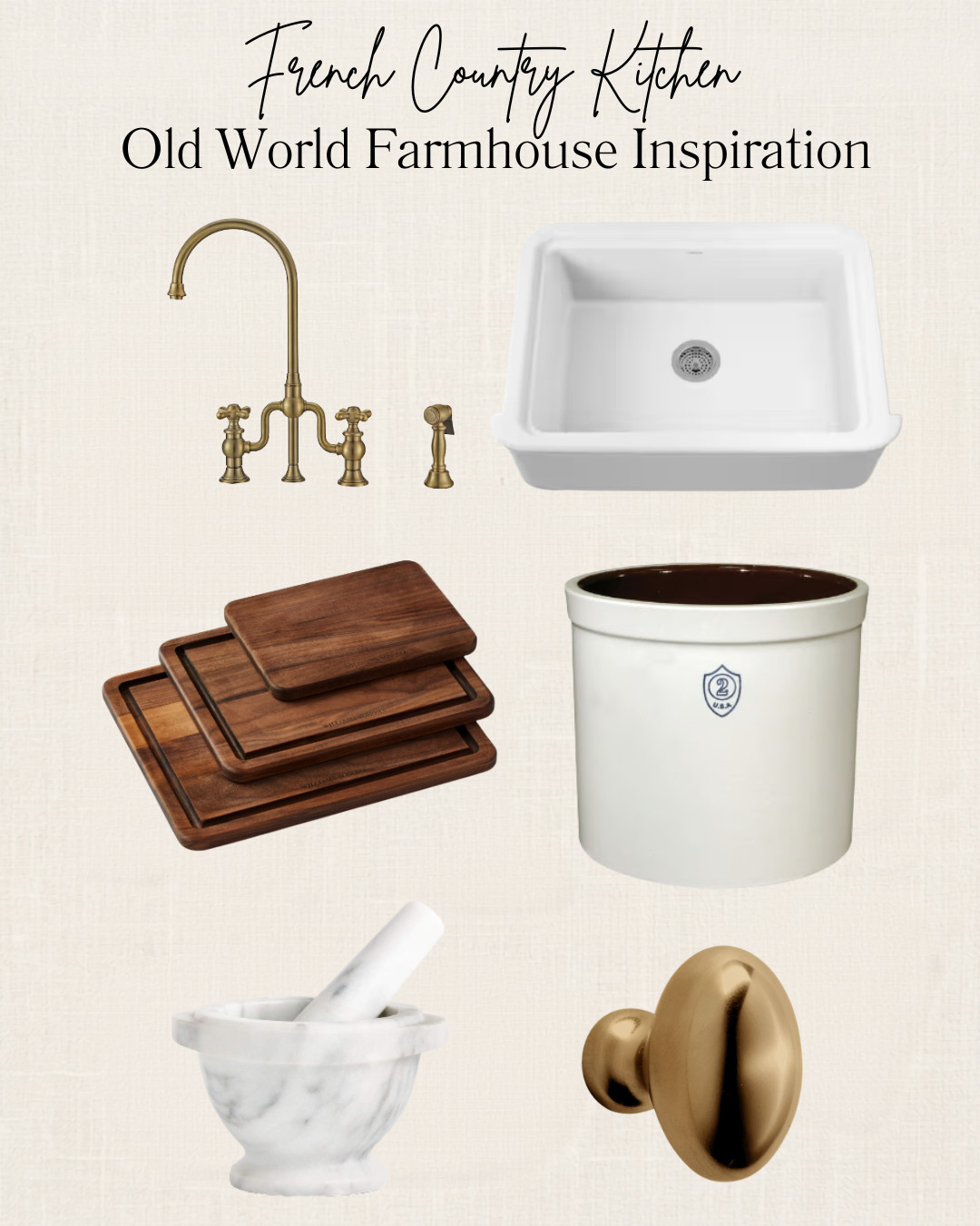 It's been about two weeks since we moved into our new home.  It's an older home built in the Mediterranean French Style.  We plan to do some renovations including in the kitchen.  These are all items I have on my list for my kitchen renovation.  I know for sure I want a giant farmhouse sink!


#frenchcountry #frenchcountrykitchen #farmhousesink #frenchmediterranean  

 #LTKHome