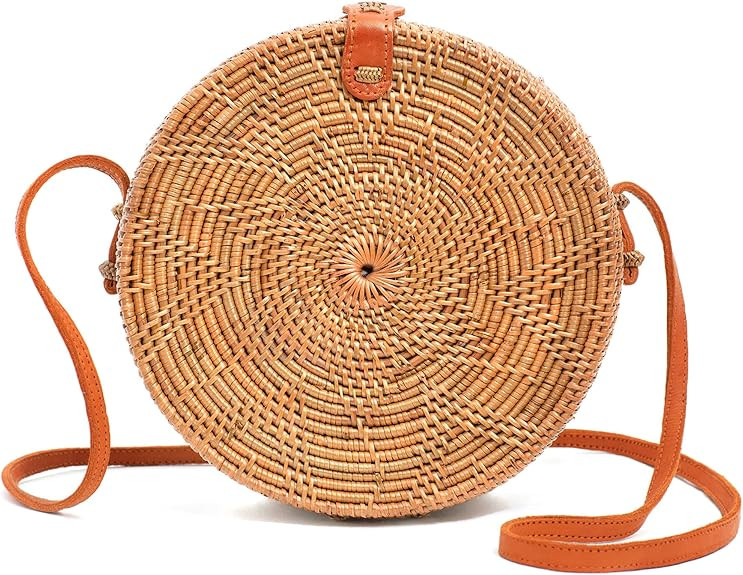 Round Rattan Bag for Women - Handmade Ata Wicker Woven Purse - Circle, Square, Oval Brown Straw B... | Amazon (US)