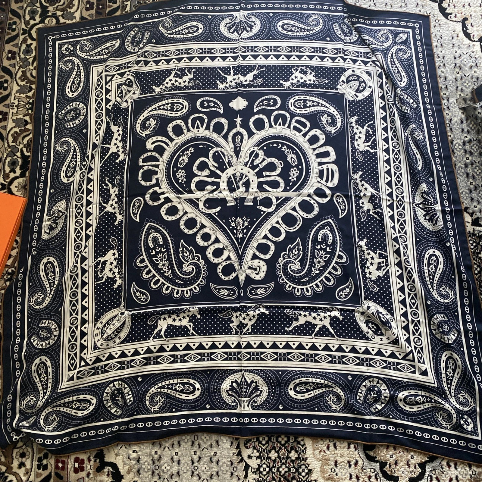 NEW  HERMES  Bleu Marine / Blanc / Noise Cheval de Coeur Bandana Shawl 140 Scarf | eBay US