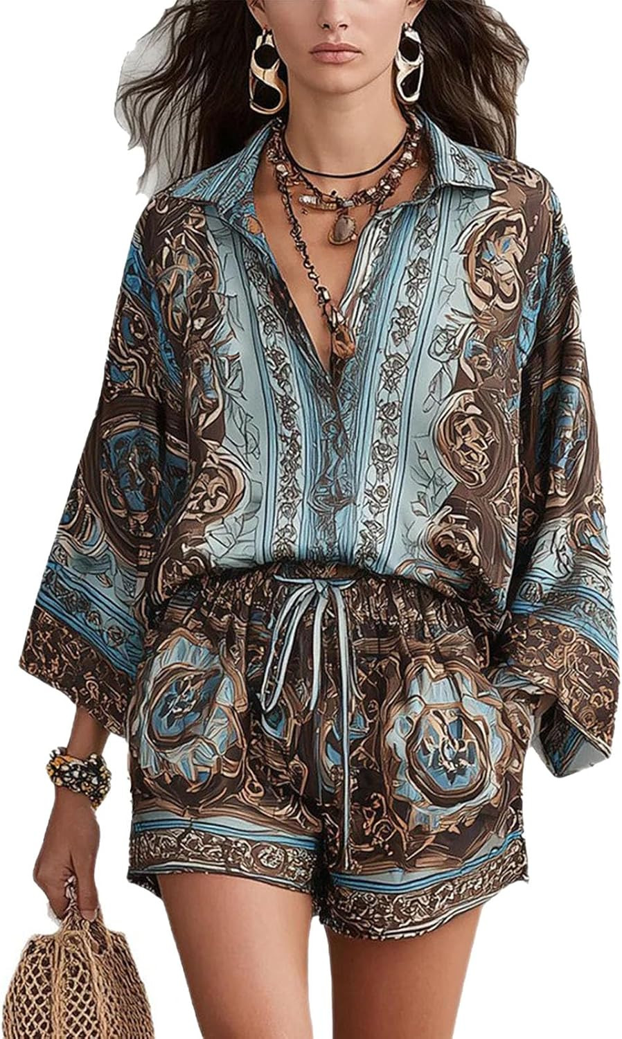 Two Piece Sets for Women Boho Floral Print Long Sleeve Top Matching Loose Shorts Casual Vacation Going Out Outfits | Amazon (US)