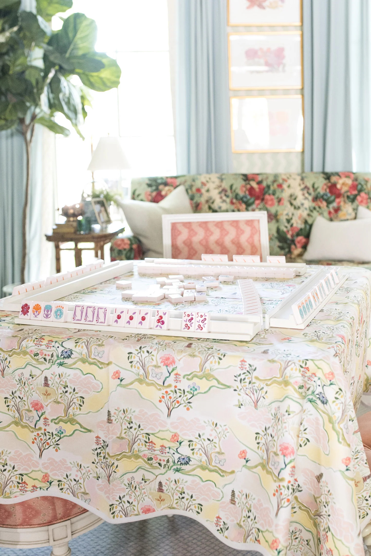 Scalloped Square Table Topper | Pink Pagoda | Fenwick Fields, LLC