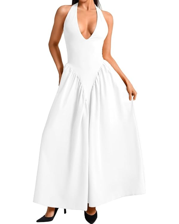 Deep V Neck Dress, Halter Maxi Dresses, Vacation Date Night, Sexy for Women Corset Flowy Wedding ... | Amazon (US)