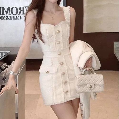 closetaine - Sleeveless Plain Fray Button Tweed Mini Sheath Dress | YesStyle Global