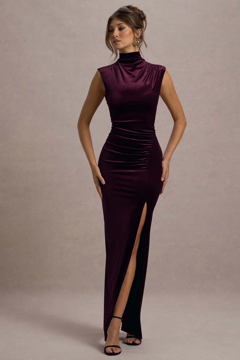 Abilene  Port Velvet High-Neck Split Maxi Dress | Club L London
