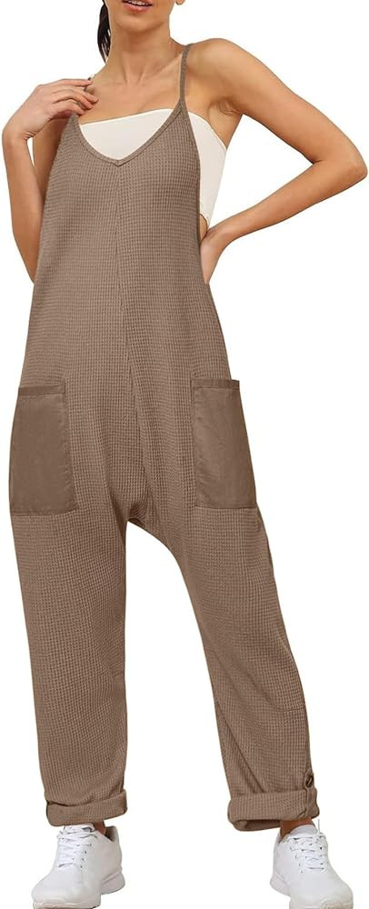 Glamaker Women's Casual Waffle Knit Jumpsuit Loose Spaghetti Strap Overalls Jumpsuits Baggy Sleev... | Amazon (US)
