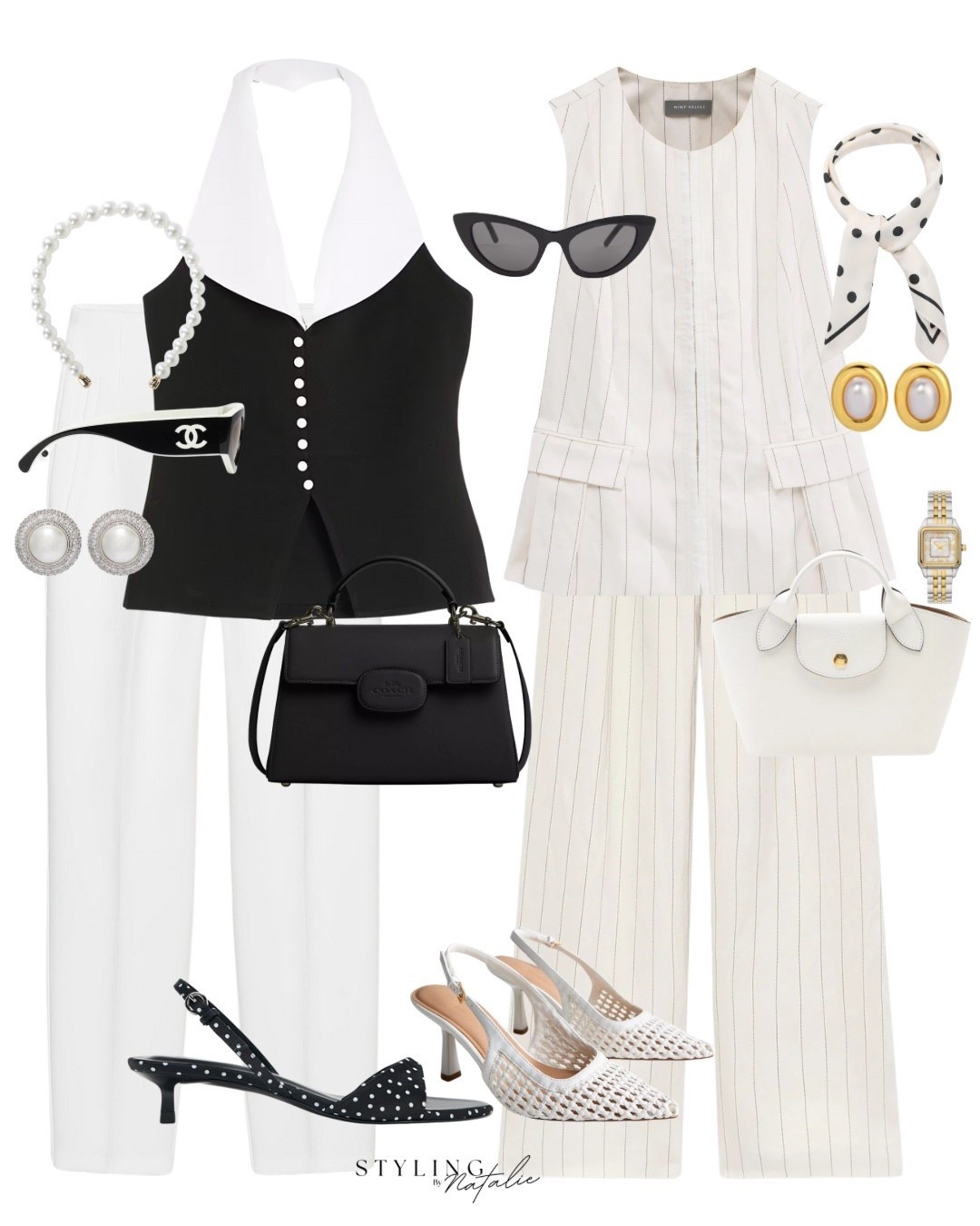 Wimbledon Outfits 🎾🏓
Black & white halter neck waistcoat, high waist trousers, polka dot sandals, Chanel sunglasses & pearl accessories, pin stripe co ord set, Longchamp bag, slingbacks, polka dot satin  scarf & cat eye sunglasses. Classy, smart, chic, occasion wear, summer outfit. 

#LTKeurope #LTKsummer #LTKstyletip