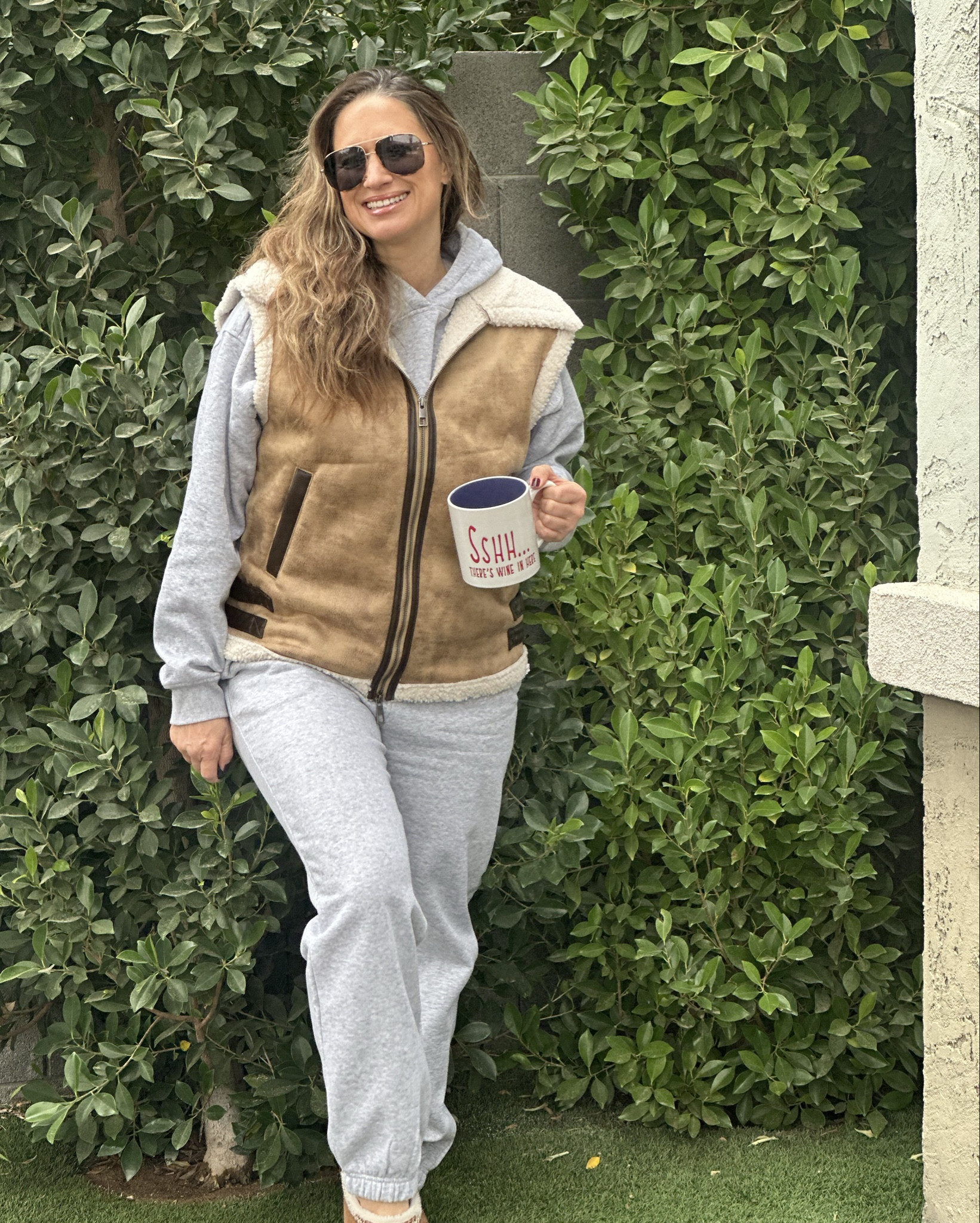 Staying warm and cozy in my sweats and vest today! Wearing a medium and sweatpants and a large and hoodie. Very limited sizes left in the vest from target. Linked other similar options!