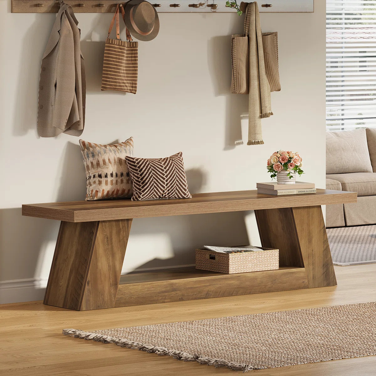 63" Wooden Entryway Bench With Storage Shelf | Wayfair North America
