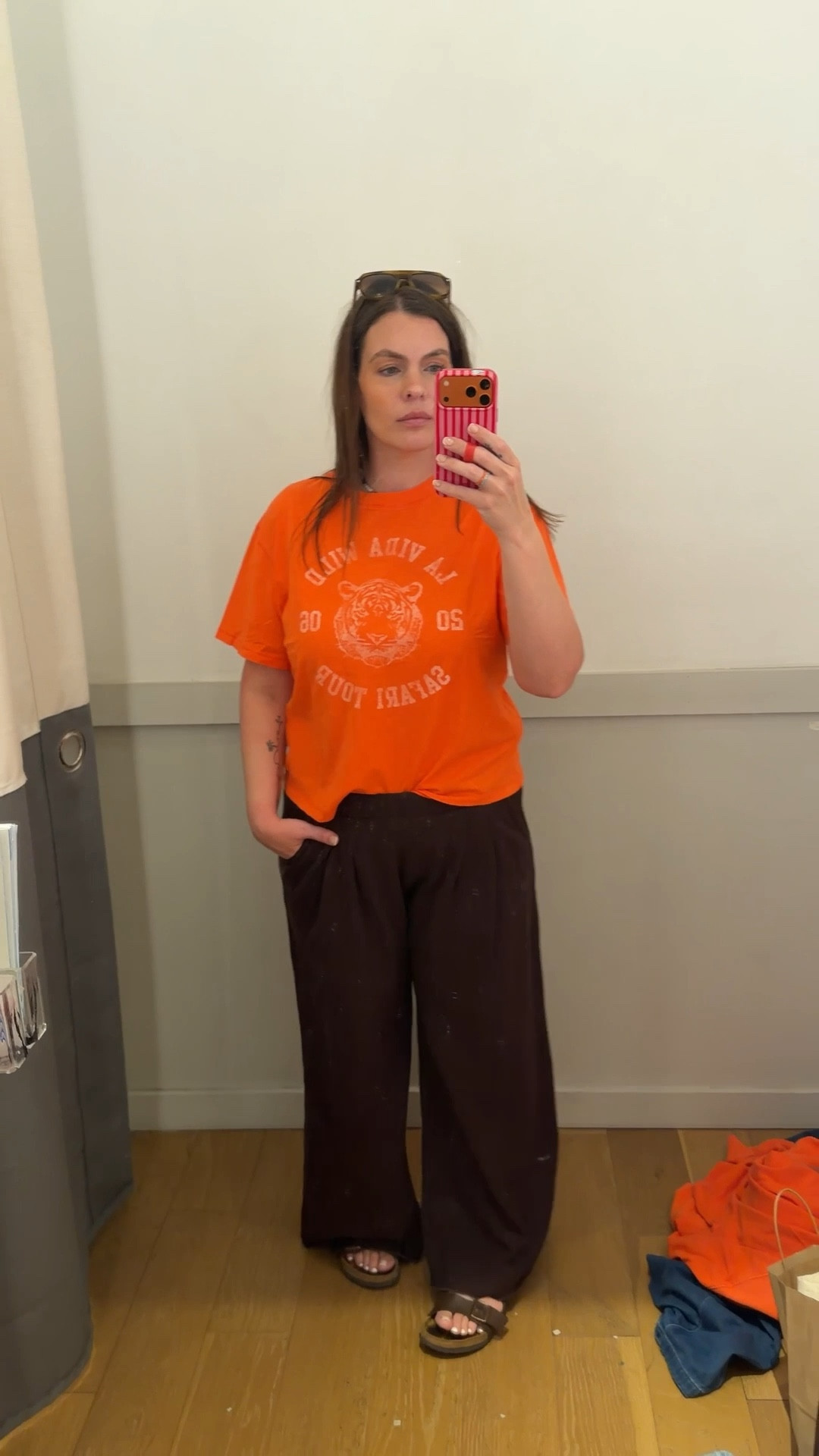 Wearing M in both (top runs big!) I would get L in sweats they just didn’t have them. I have them in navy in L & they’re sooooo good!!