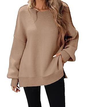 SunnyMelody Womens Oversized Batwing Sweater Fall 2025 Crew Neck Pullover Knit Tops - Outside Sea... | Amazon (US)