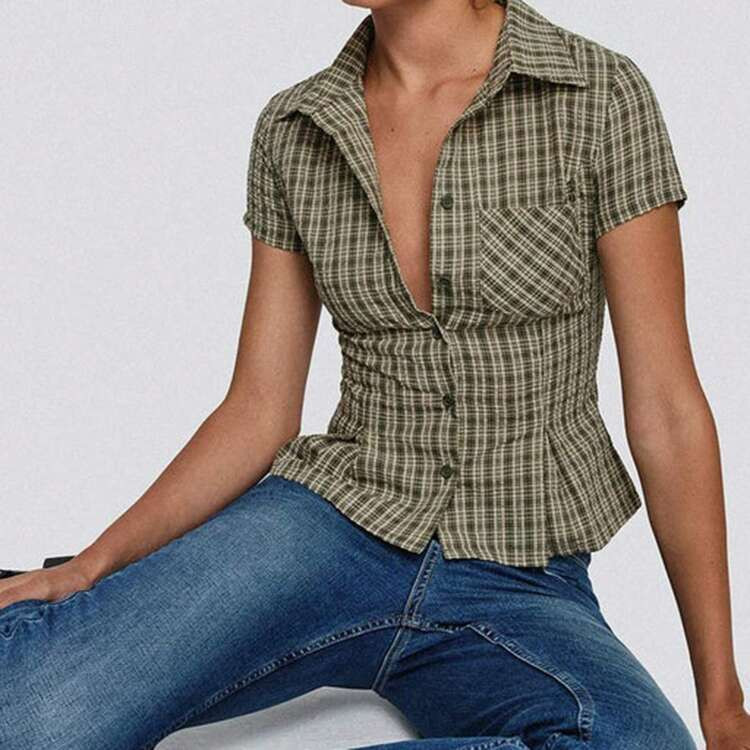 Women's Short Sleeve Plaid Button Down Shirt Button Up Blouses Casual Summer Tops Streetwear For ... | SHEIN