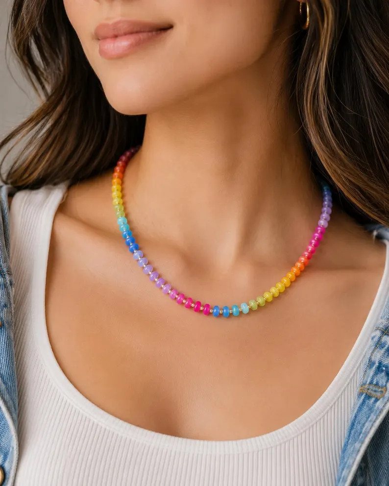 Rainbow Dyed Jade Necklace with Gold Filled Spacers, 18 Inch Adjustable | Etsy (Global)