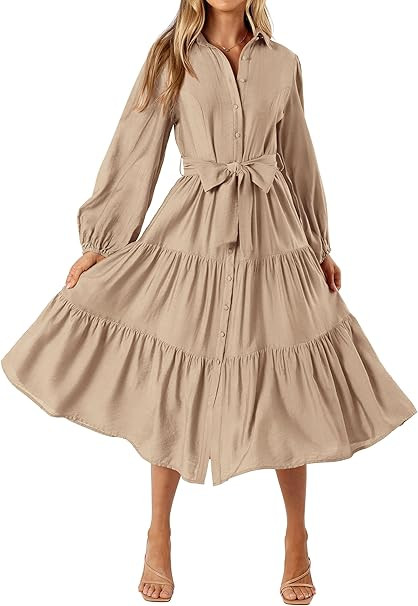 MASCOMODA Womens Dresses 2025 Fall Long Sleeve Midi Dress Casual V Neck Button Down Tiered Flowy ... | Amazon (US)