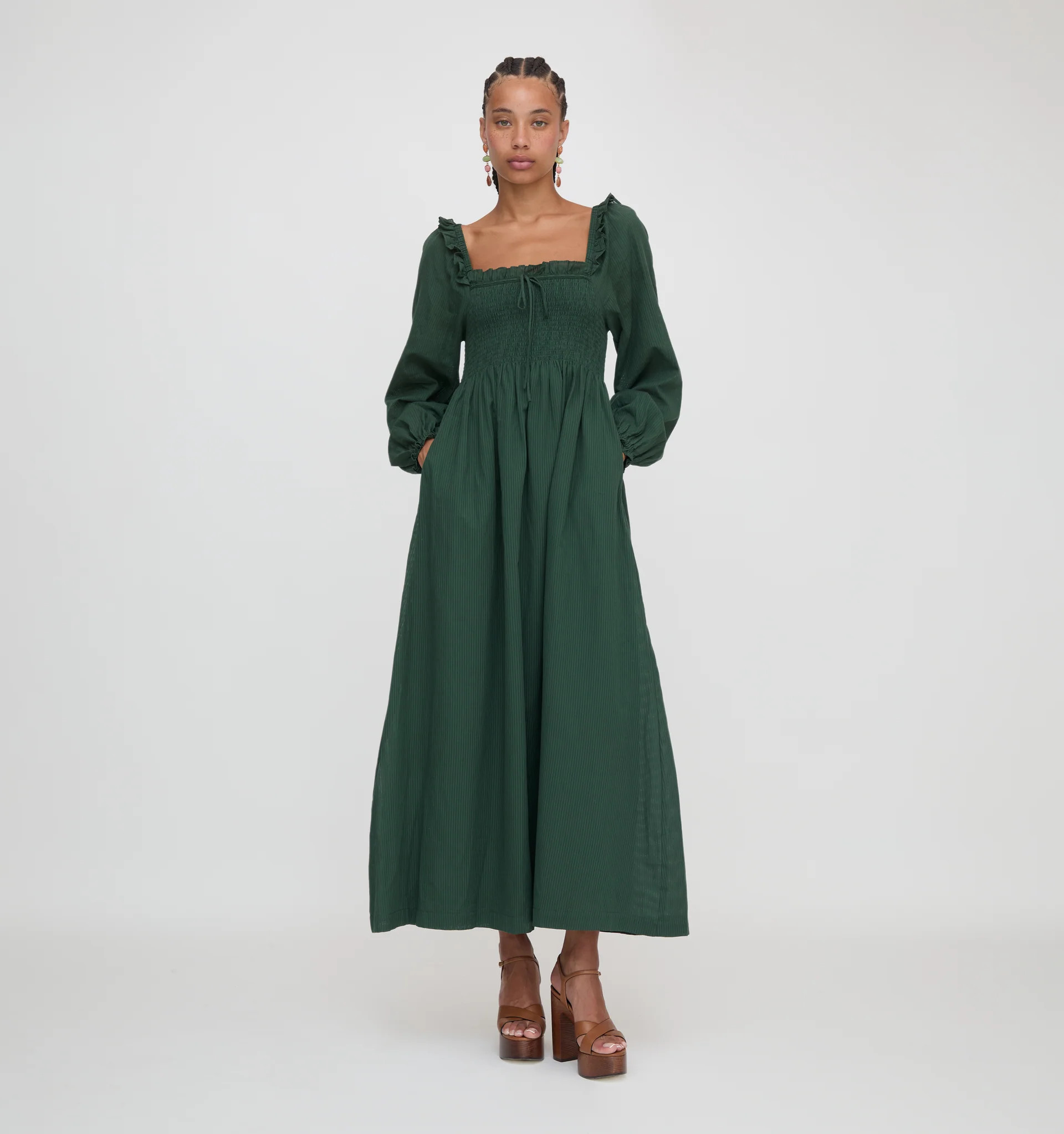 The Scarlett Long Sleeve Maxi Nap Dress - Green Shadow Stripe | Hill House Home