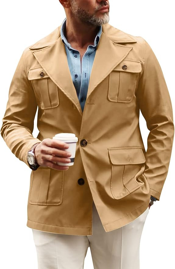Pretifeel Mens Lightweight Safari Jacket Casual Military Button Up Multi-Pocket Cargo Coat Outwea... | Amazon (US)