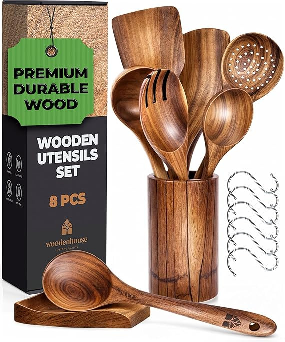 8 Pcs Teak Wooden Utensil Set with Holder, Spoon Rest & 6 Hooks - Durable Wooden Spoons for Cooki... | Amazon (US)