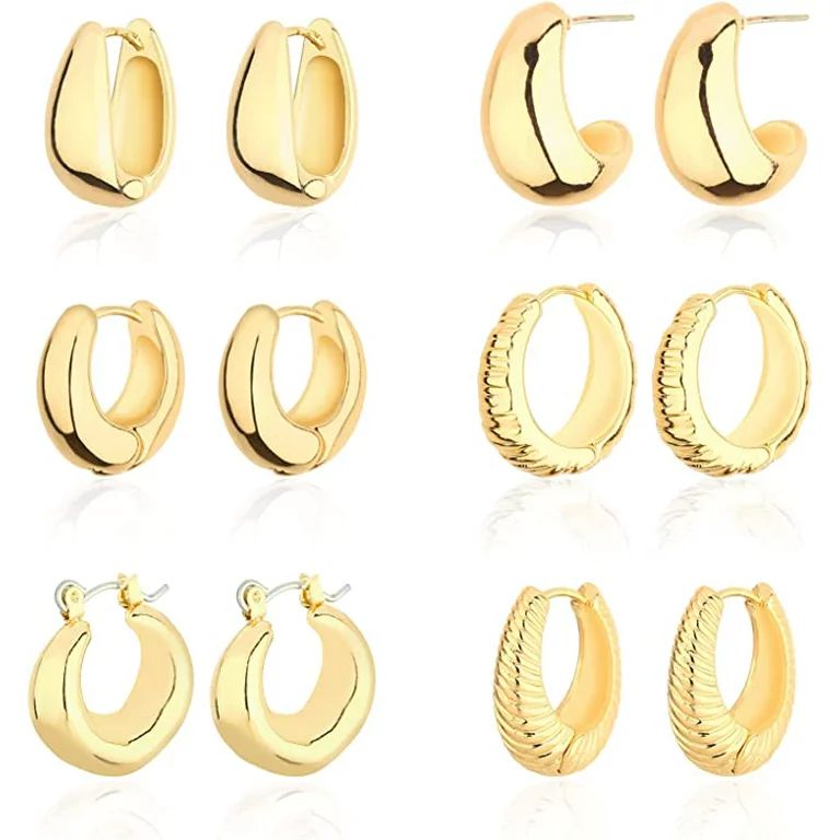 Wgoud 14K Gold Hoop Earrings for Women Hypoallergenic, 6 Pack Chunky Huggie Hoops Earring Set Lig... | Walmart (US)