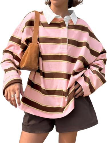 Tankaneo Womens Oversized Striped Long Sleeve Polo Shirts Fall Tops 2026 | Amazon (US)