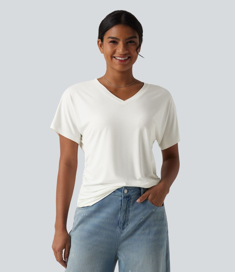 Women’s V-neck Short Sleeve Ruched Plain Casual T-Shirt - Halara | HALARA