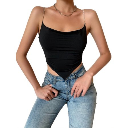 AvoDovA Women O-Neck Chain Sling Asymmetrical Black Solid Backless Slim Fit Streetwear Top | Walmart (US)