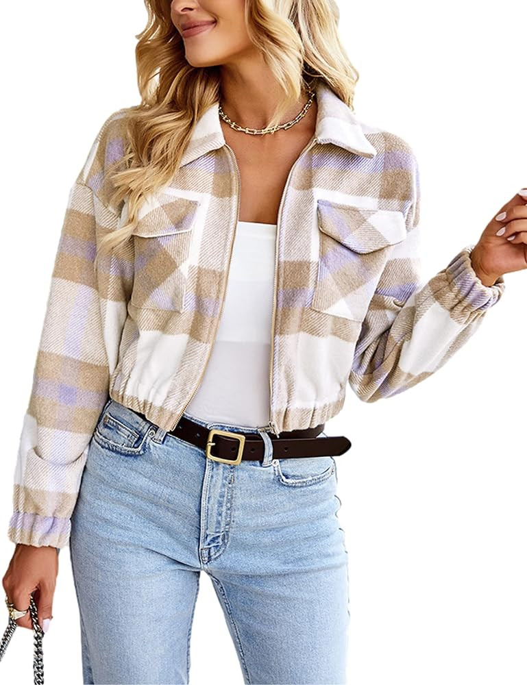 Womens Cropped Flannel Plaid Shacket Zip Up Shirts Jackets with Pockets | Amazon (US)