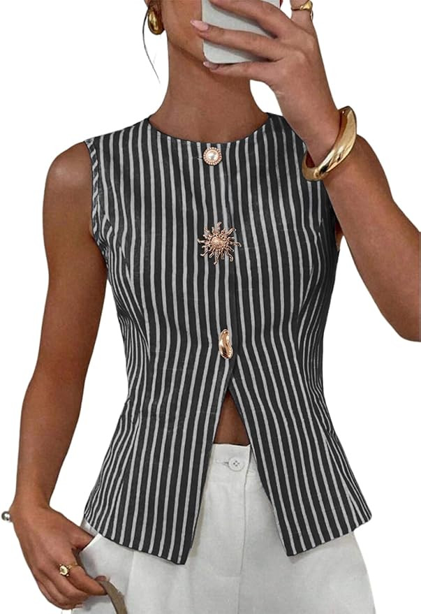 BLENCOT Womens Striped Sleeveless Slim Fit Vest Tops Dressy Crewneck Metal Button Down Business C... | Amazon (US)