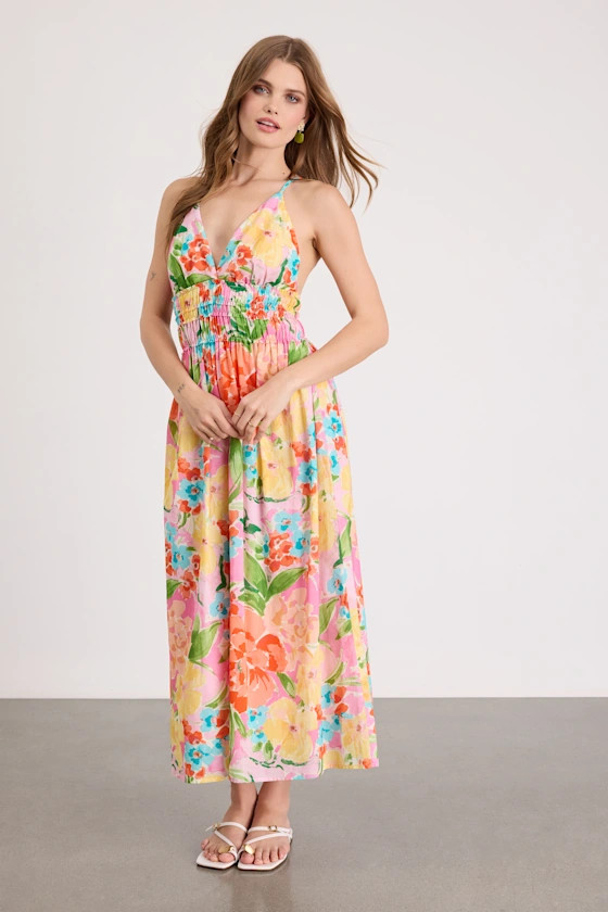 Layne Pink Multi Floral Backless Midi Dress | Lulus