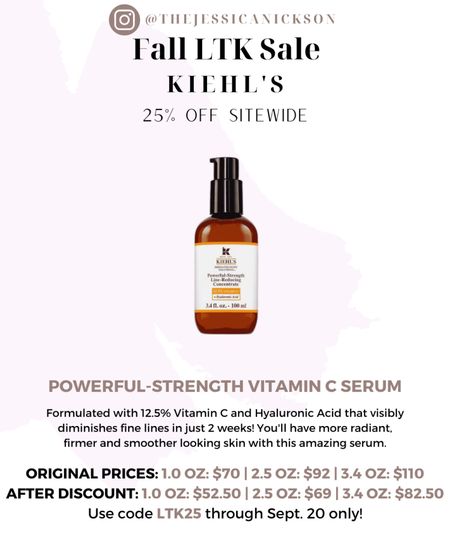 Use this Vitamin C serum to diminish fine lines in just 2 weeks! Get 25% off the entire Kiehl’s site with code LTK25 for the . Stock up on your skincare faces through Sept. 20!

#LTKSale #LTKbeauty #LTKGiftGuide
