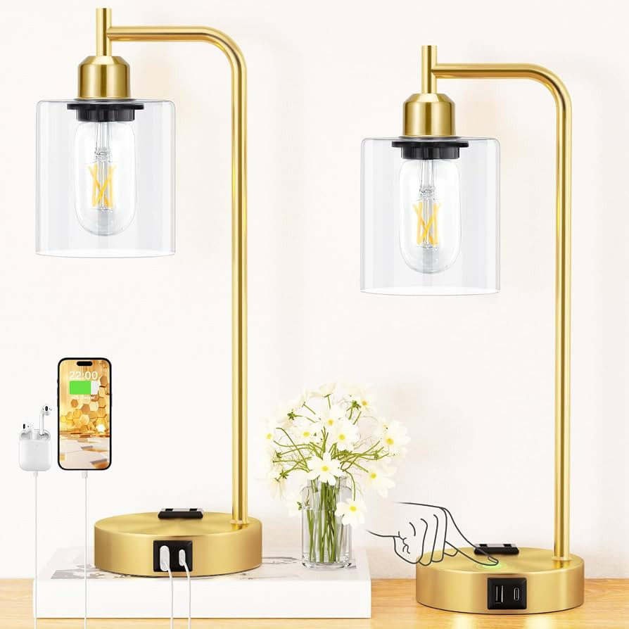Innqoo Industrial Gold Table Lamp for Bedrooms Set of 2-3-Way Dimmable Desk Lamp with USB C+A Por... | Amazon (US)