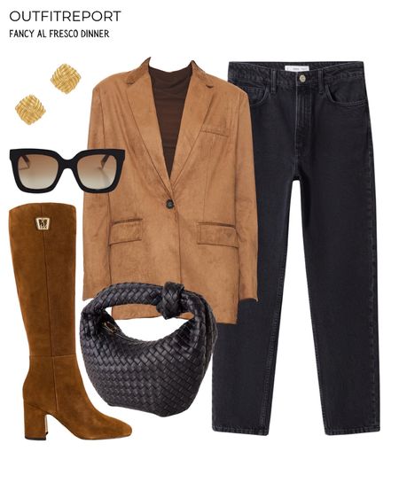 Black denim jeans camel blazer brown knee high boots and jewelry 

#LTKstyletip #LTKshoecrush #LTKitbag