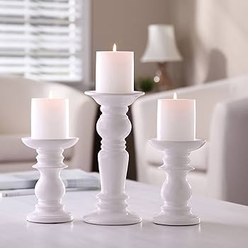 Hosley Set of 3 Ceramic White Pillar Candle Holders Two 6 Inch and One 9.5 Inch High. Ideal for L... | Amazon (US)