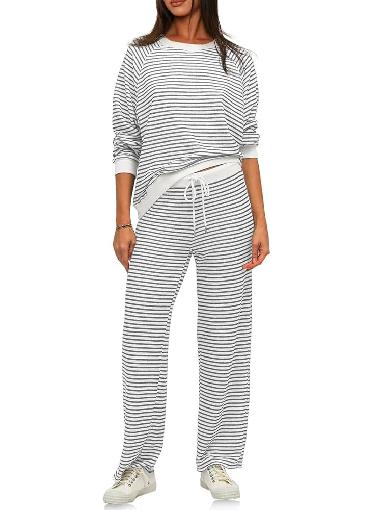Tankaneo Womens Sweatsuits 2 Piece Sets Striped Long Sleeve Sweatshirt Wide Leg Pants Tracksuit L... | Amazon (US)
