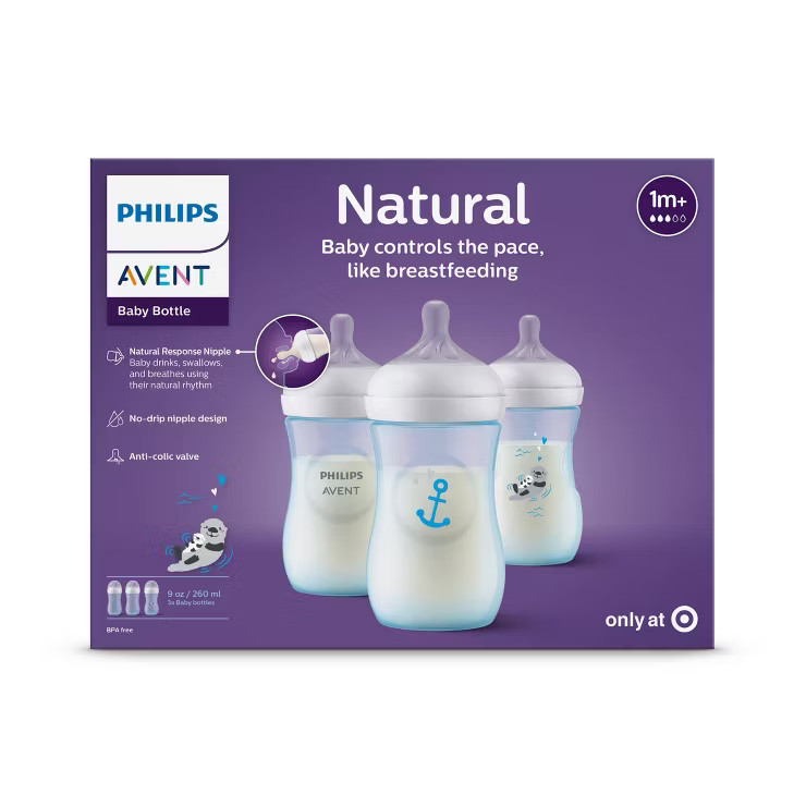 Philips Avent 3pk Natural Baby Bottle with Natural Response Nipple - Blue Otter/Anchor - 9oz | Target