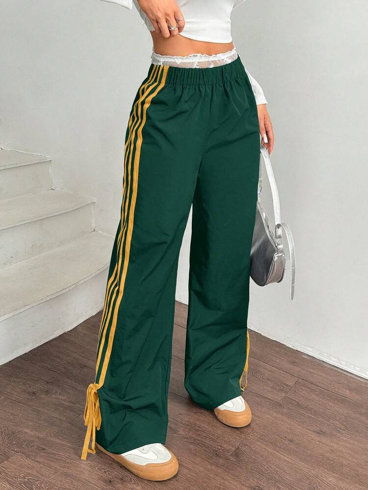 SHEIN EZwear Women Black Side Contrast White Tape Elastic Waist Pants Wide Leg Sweatpants Green Pants For Women Track Pants Drawstring Pants Wide Pants Casual Pants Loose Pants | SHEIN