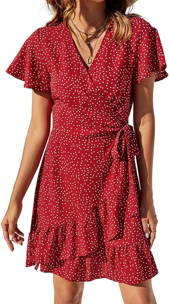Naggoo Women's Summer Wrap V Neck Polka Dot Print Ruffle Short Sleeve Mini Floral Dress with Belt | Amazon (US)
