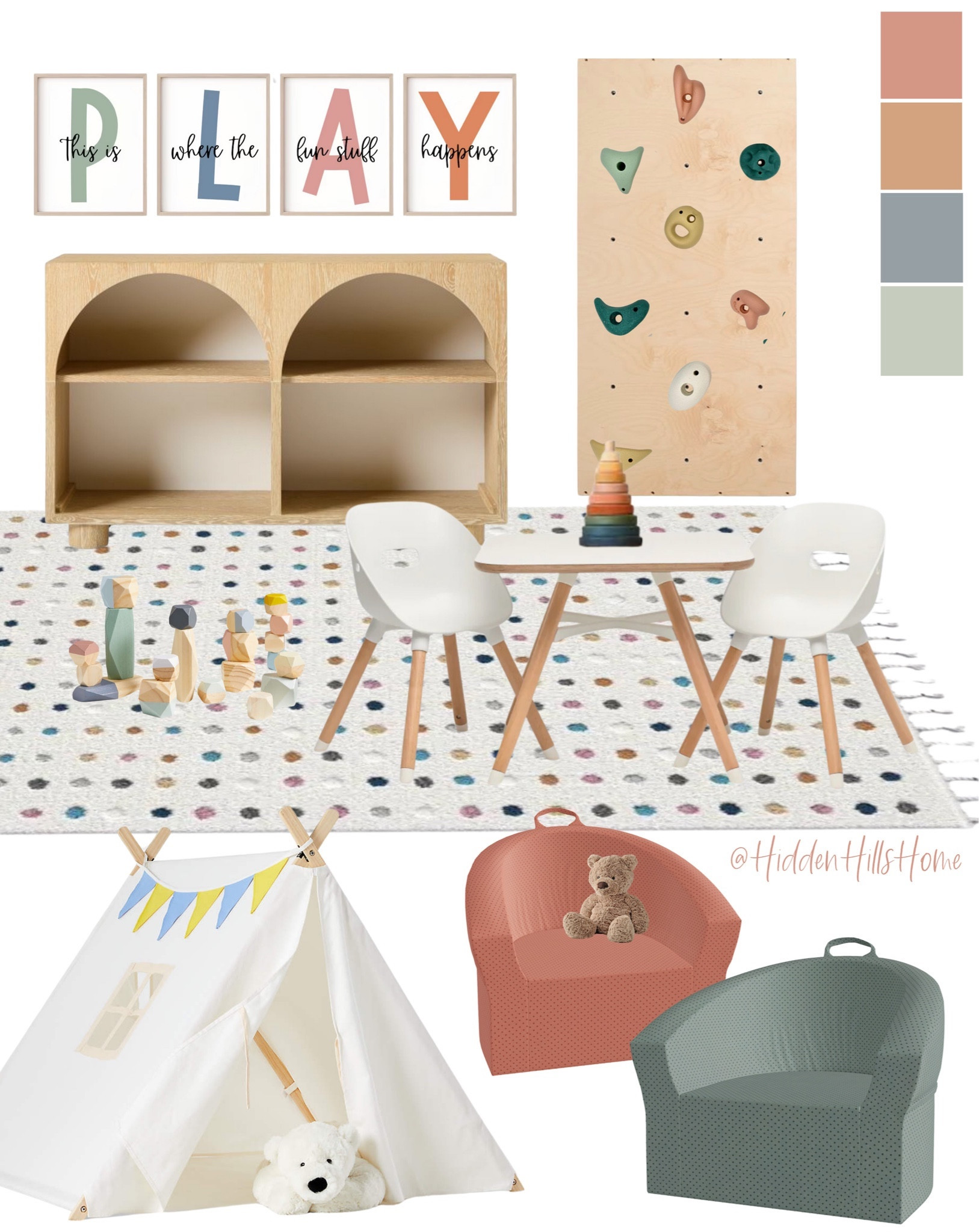 Playroom decor ideas, kids playroom mood board, playroom organization, playroom rug, playroom kids table, play tent, indoor rock wall #playroom 

#LTKkids #LTKhome #LTKsalealert