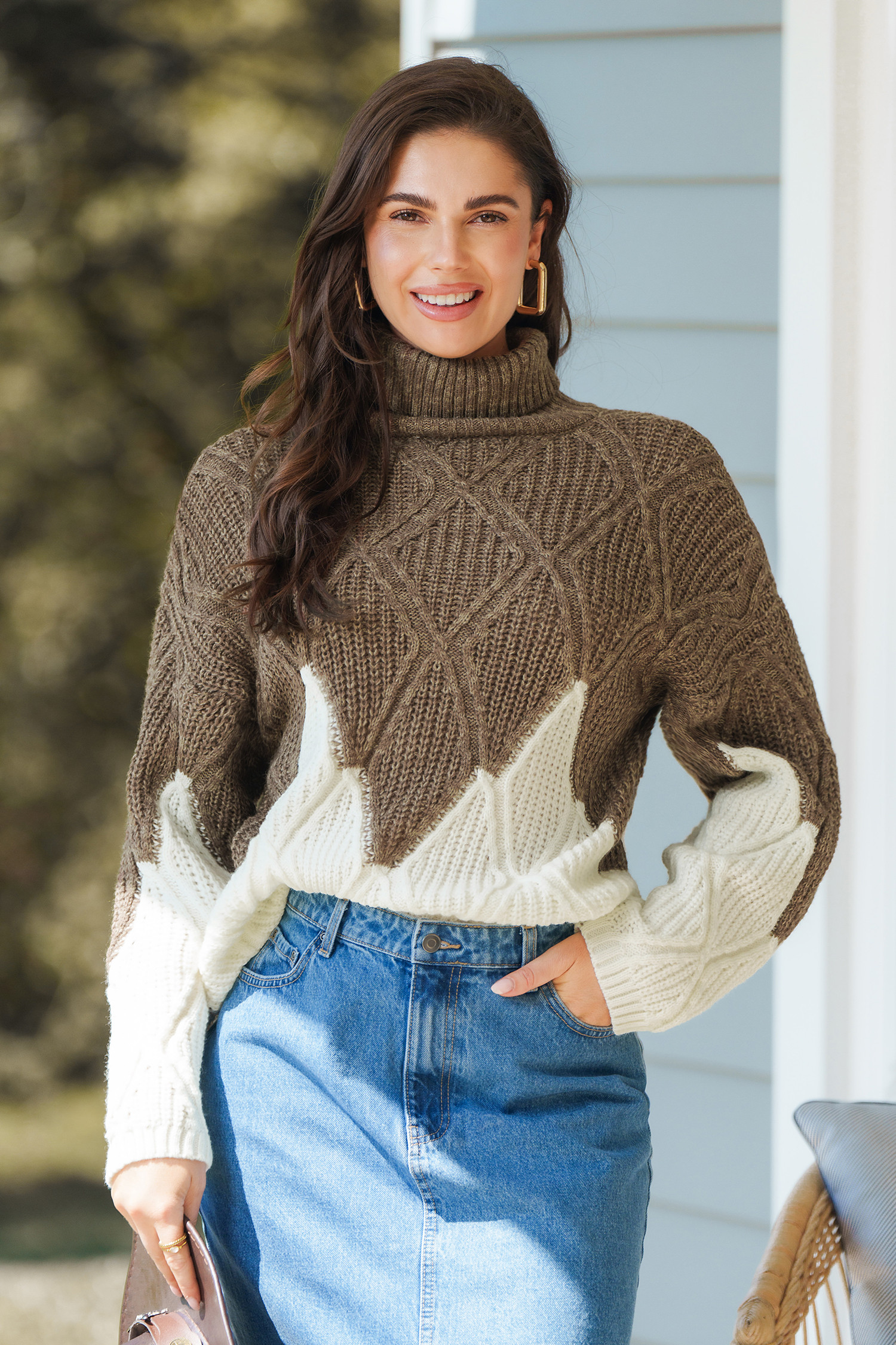 Brown & White Colorblock Long Sleeve Turtleneck Sweater - S | Cupshe US