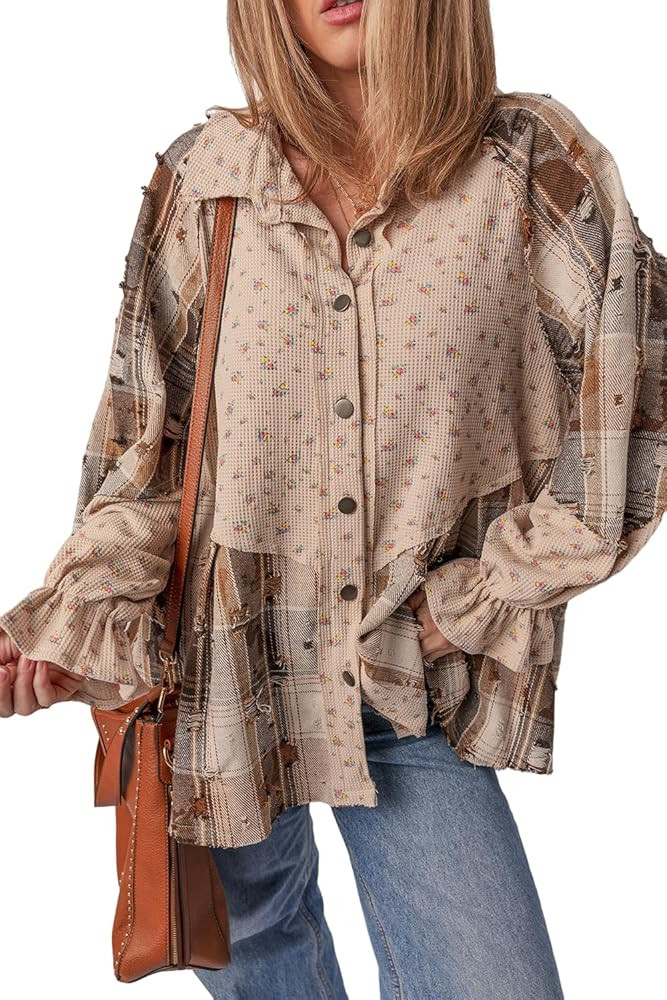 KevaMolly Waffle Knit Button Down Shirt for Women Ruffled Sleeve Boho Floral Plaid Patchwork Loos... | Amazon (US)