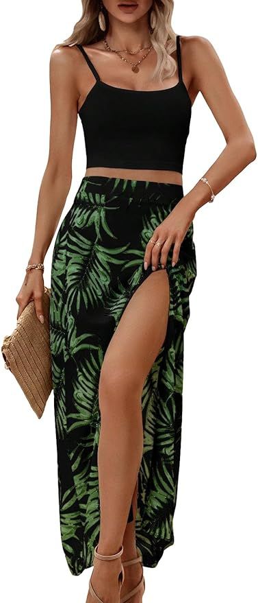 MakeMeChic Women's Vacation Outfits 2 Piece Set Summer Tropical Crop Cami Top Split Long Skirt Se... | Amazon (US)