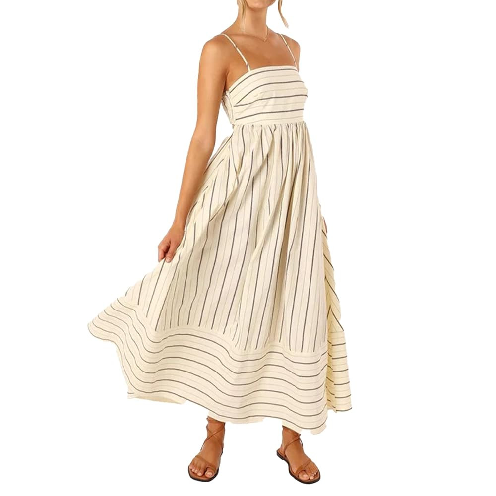 Women Striped Maxi Dress Sleeveless Backless Cutout Smocked Sundress Spaghetti Straps Boho Flowy ... | Amazon (US)
