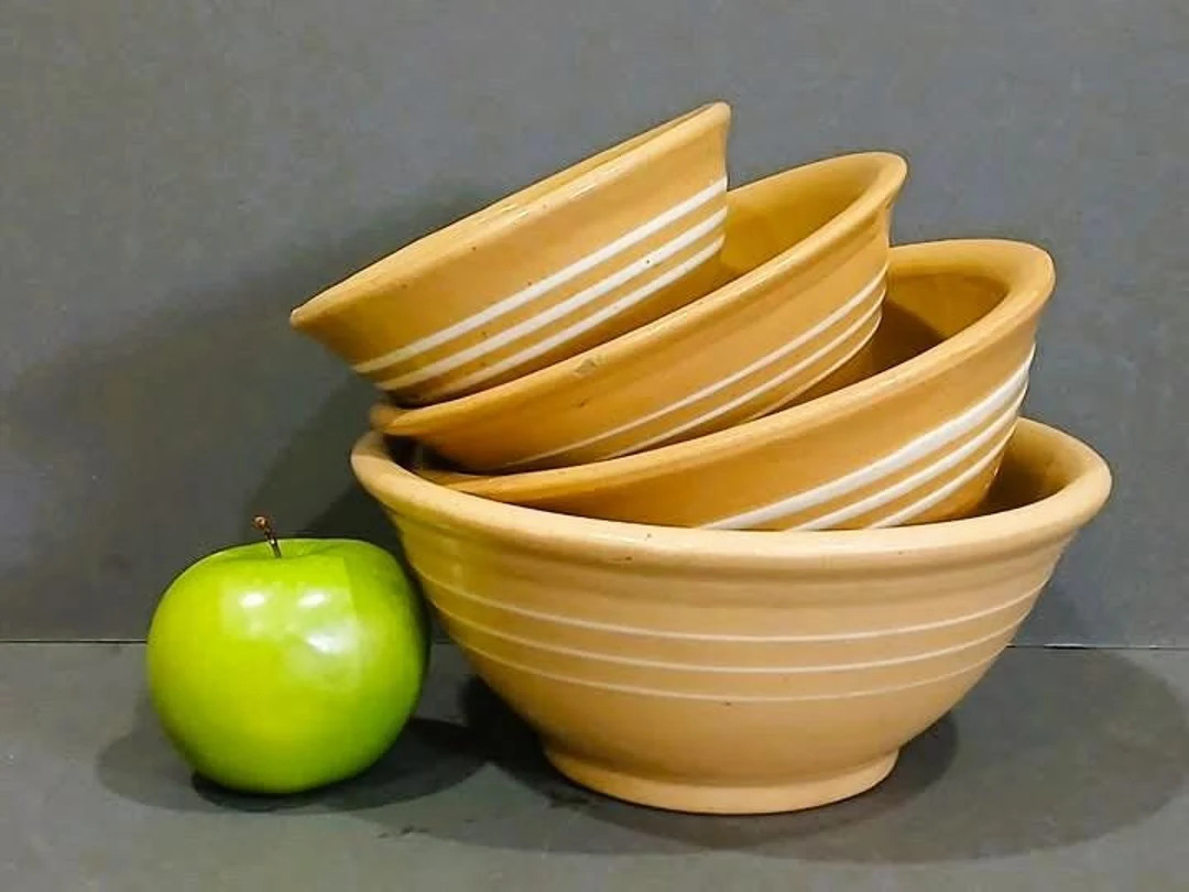 Antique Yellowware Nesting Set of 4 Stoneware Mixing Bowls 3 Rings White Slip 8/7/6/5 Dough Bowl ... | Etsy (US)