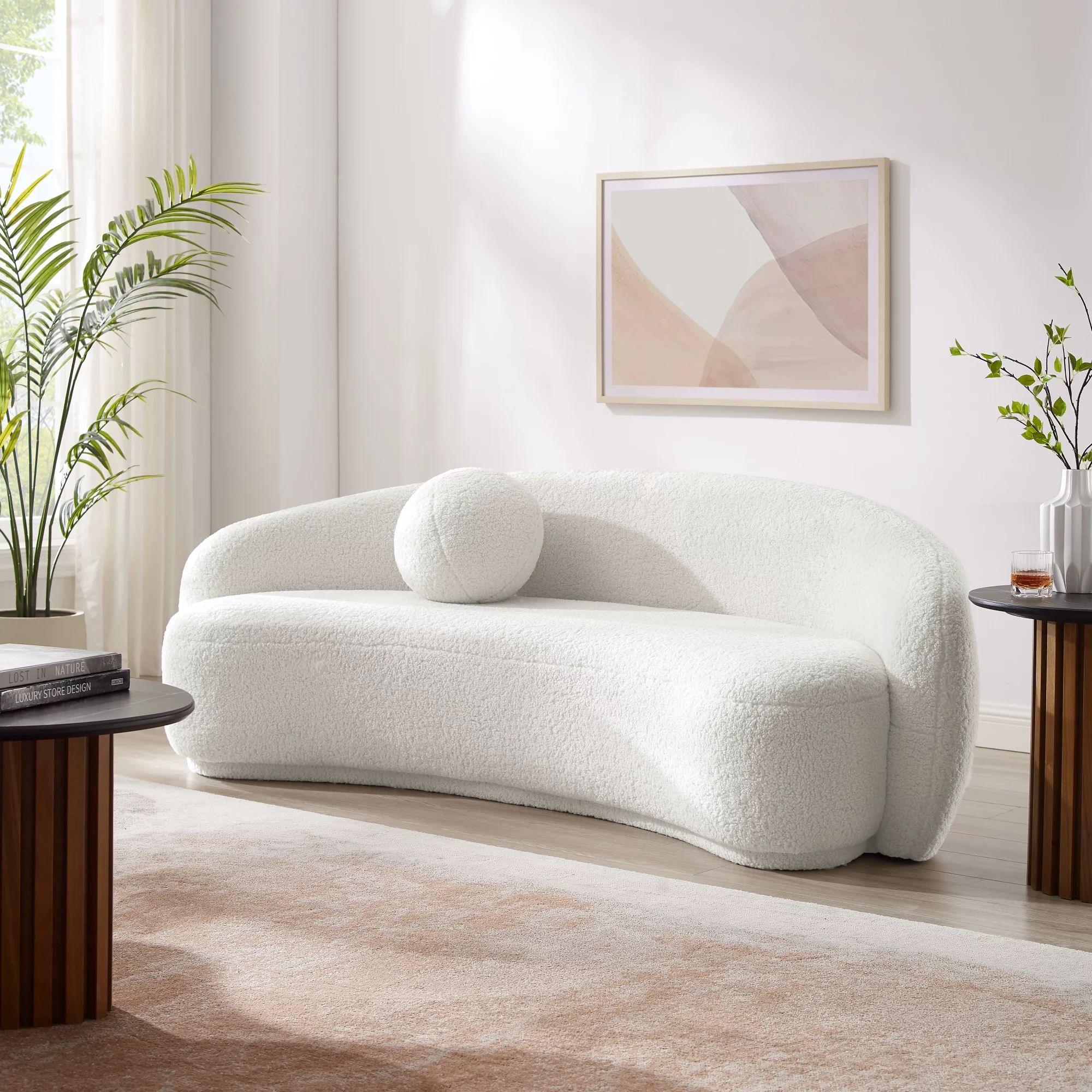 Inspired Home Ena Upholstered Sherpa Curve Back Sofa, Cream White | Walmart (US)