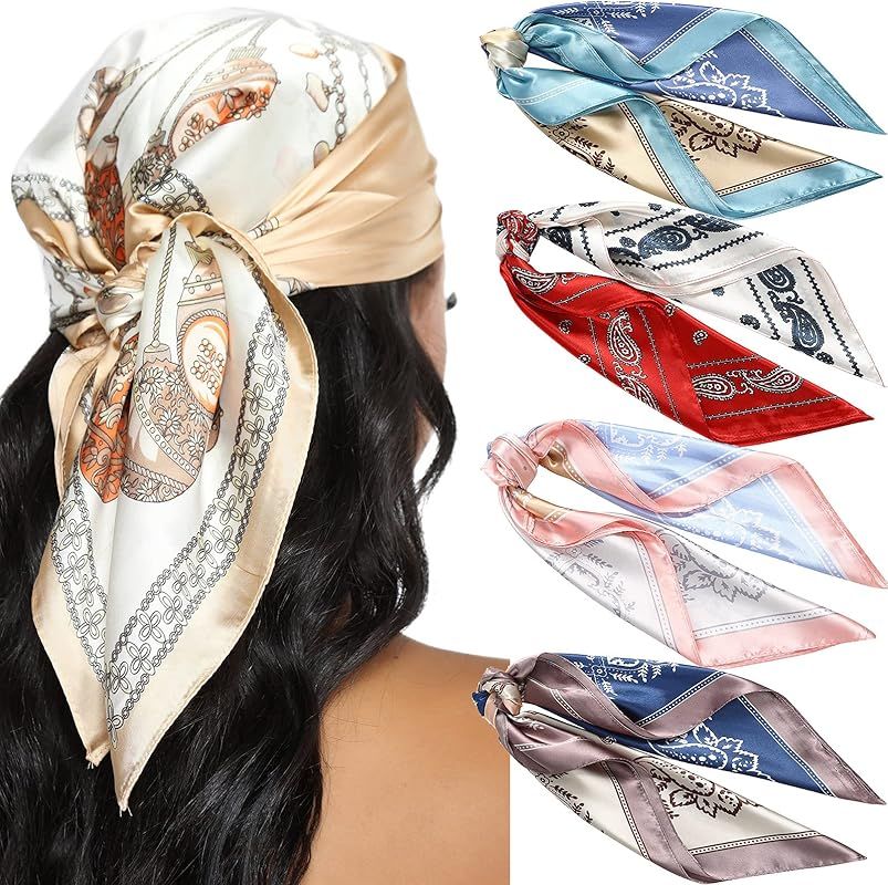 AWAYTR 23.6 Inches Satin Head Scarves for Women 4PCS Square Silk Like Hair Scarves Silk Hair Band... | Amazon (US)