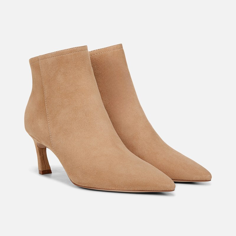 27 EDIT Maya Stiletto Bootie Boots, Bamboo Tan Suede Leather, 9.5M Pointed Toe, Zip Closure, Rubber Outsole | Naturalizer