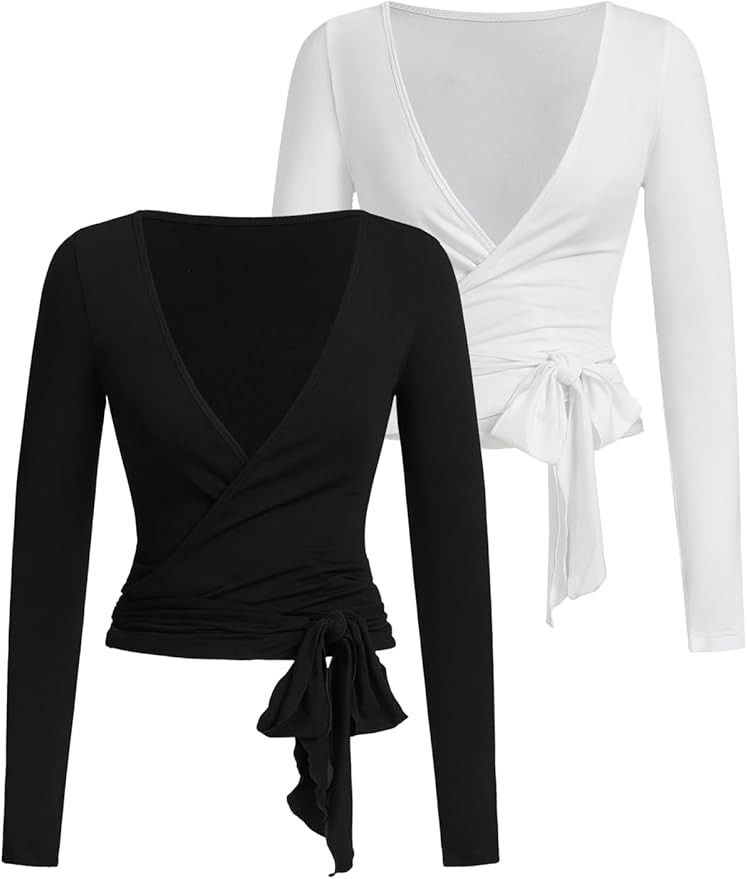 SweatyRocks Women's Pilates Outfits Wrap Tops Ballet Yoga Coquette Shirt Cute Long Sleeve Workout... | Amazon (US)